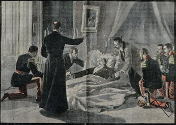 Felix Faure (1841-1899), francia elnök, Renault abbé halála megadta neki a feloldozást. Metszet a „” Le Pelerin”-ben” 1899.02.26.