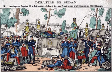 A Sedan katasztrófája; III. Napóleon volt császárt elkapják Sedanban, és a poroszoknak szállítja a 80 000 fős francia hadsereget, egy 19. századi gerinc képét.