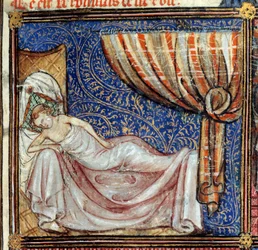 Az álom, részletek: Az alvó szerető. Miniatúra Jean de Meun, Jean de Meung vagy Jean Chopinel, Jean Clopinel (v. 1240-1305) "Le Roman de la rose" című művében, 1370 körül. Chantilly, Musee Conde