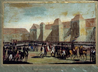 Bonaparte Napóleon (1769-1821) búcsúja a császári gárda a fontainebleau-i Cheval Blanc udvarában 1814.04.20-án. Névtelen festmény. 1814 Aix-sziget, Napóleoni Múzeum