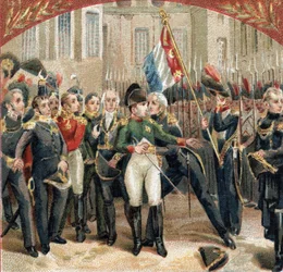 Bonaparte Napóleon (1769-1821) búcsúja a császári őrséget a fontainebleau-i kastély Cheval Blanc udvarában tartja 1814.04.20-án. A 19. század végének kromolitográfiája