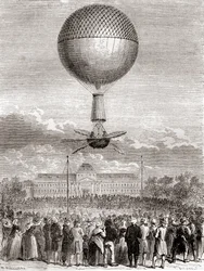 Jean-Pierre François Blanchard első sikeres ballonrepülése 1784. március 2-án, a franciaországi Champ de Mars-ból (Párizsból, Les Merveilles de la Science) felbocsátott hidrogéngáz-ballonnal, megjelent 1870 körül (metszet)