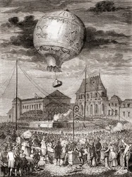 Az Aérostat Réveillon repülése 1783. szeptember 19-én a Montgolfier fivérek Versailles-ban (Franciaország) XVI. Lajos francia király és Marie Antoinette királynő előtt, a Les Merveilles de la Science-ből, megjelent 1870 körül (metszet)
