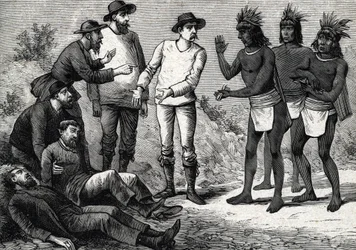 Peru lakói a maláriában szenvedő gyarmati európaiakat segítik Cinchonával (metszet) 1888