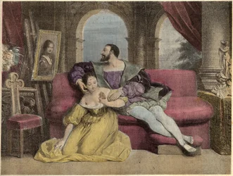 I. Francois francia király (1494-1547) és a gyönyörű vasmű. Daveria litográfiája 1838-ból a „” Laughs Et Galanterie” c. Heti Galantes-képgyűjtemény John Grand-Carteret irányításával. 1903-1904.