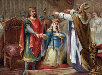 Clovis (481-511) frankok királyának házassága Clothilddal 493-ban. A 19. század végének kromolitográfiája.
