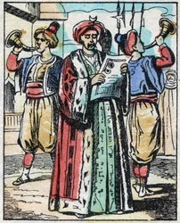 A szultán lányának és a nagyvezír fiának házasságát közolvasó jelenti be. Ezeregyéjszaka meséjének metszete „” Aladin és a csodálatos lámpa””. Epinális képalkotás, 19. század vége. Magángyűjtemény.