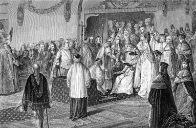 XVI. Lajos esküje szent metszete közben.
