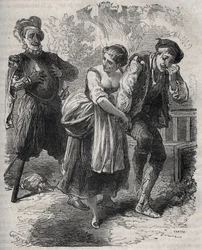 Martin Guerre visszatérése (1524 körül, 1560 körül): megjelent felesége, Bertrande de Rols és a személyazonosságát bitorló, Arnaud du Tilh (Thil) csaló előtt. Metszet 1871-ből Henry de Kock „Histoire Des Cocus Celebres” című könyvébe (1819)