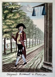 Egy emigráns visszatérése a francia forradalom végén. A forradalom alatt elmenekült nemesi szakadt ruhák. Metszet a 19. századi Párizsból, Musee Carnavalet