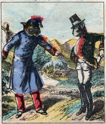 A beteg oroszlán és a róka. Jean de La Fontaine (1621-95) meséi. Epinális képalkotás a 19. század végéről.