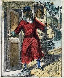 A beteg oroszlán és a róka. Jean de La Fontaine (1621-95) meséi. Epinális képalkotás a 19. század végéről.