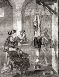 Boszorkánysággal vádolt nő megkínzása a középkorban, a Les Merveilles de la Science című kiadványból, megjelent kb. 1870