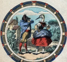 A farkas és a gólya. Jean de La Fontaine (1621-95) meséi. Epinális képalkotás a 19. század végéről.