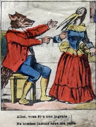 A farkas és a gólya. Jean de La Fontaine (1621-95) meséi. Epinális képalkotás a 19. század végéről.