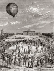 A világ első hidrogénballonja, amelyet 1783-ban indítottak a Champs de Mars felett, Párizs, Franciaország, a Les Merveilles de la Science-ből, 1870 körül jelent meg (metszet)