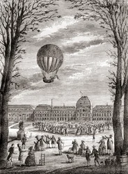 A világ első emberes hidrogénballonos repülése a párizsi Champs de Mars felett 1783. december 1-jén, Nicolas-Louis Robert és Jacques Charles professzor vezetésével, a Les Merveilles de la Science című, 1870 körül megjelent kötetből (metszet).