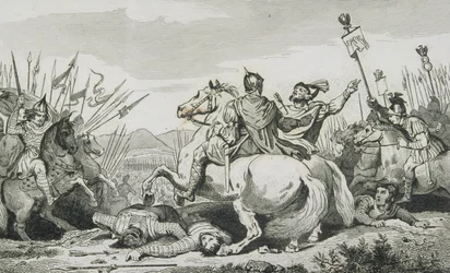 Theodorik megölték az Attila elleni csatában, Chalons közelében, Colart „Histoire de France” című művéből, amely 1840 körül jelent meg.