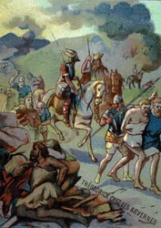 Théoderick, Clovis legidősebb fia, Arvernesben (Auvergne) (532-533). A „Hazafias nevelés képen keresztül” sorozat kromolitográfiája.