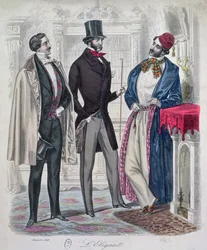 Három elegáns fiatalember, 1848. december (színes metszet)