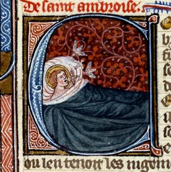 Szent Ambrosius (Szent Ambrose) szájából három méh jön ki. Miniatűr a „Szentek könyvében”