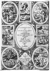 Guillaume Sallust du Bartas (1544-90) a világ teremtésének hetéhez kapcsolódó megjegyzések és megjegyzések címlapja 1583