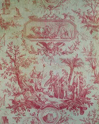 Toile de Jouy (Jean-Baptiste Huet 1772-1793 tervei alapján), XVI. Lajos (1754-1793), francia király, a szabadság visszaállítója 1790 februárjában allegóriájának illusztrálása (nyomtatott pamut)