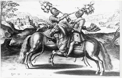 IV. Henrik (1553-1610) és Antoine de Pluvinel (1555-1620) közötti tornajelenet.