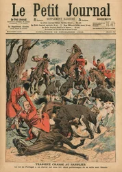 Tragikus vaddisznóvadászat: I. Károly portugál király lovát alatta megölik, címlapillusztráció a „Le Petit Journal” képes mellékletéből, 1906. december 23.
