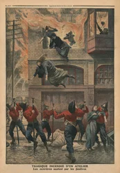 Tragikus tűz egy Newark-i műhelyben, New Jersey-ben, illusztráció a „Le Petit Journal”-ból, mellékillusztráció, 1910. december 11. (színes litó)