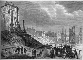 Párizs átalakulása a Második Birodalom alatt, Haussmann Párizs: kilátás a Montholon tér rombolására, a rue Lafayette-en. Metszet a "Le Monde Illustre"" 335. sz.-ban, 1863. szeptember 12-én.