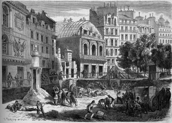 Párizs átalakulása a második birodalom alatt, Haussmann Paris: a Templom színházainak lebontása a Boulevard du Prince Eugene (ma Boulevard Voltaire) áttöréséhez. Metszet a „” Le Monde Illustré”” 278. számában, augusztus 9