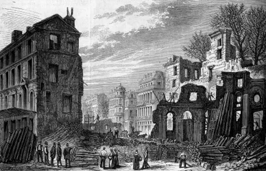 Párizs átalakulásai a második birodalom alatt, Paris Haussmann: áthatol a Saint Germain körúton, kilátás a rue saint dominique-ról. Metszet 1870-ből.