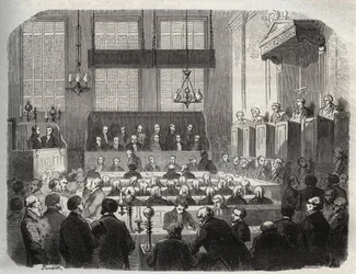 William Palmer per a Központi Büntetőbíróságon, 1856. május, John Parsons Cook megmérgezése miatt, Rugeley-ben (metszet) - William Palmer a londoni Központi Büntetőbíróság előtt 1856-ban - Armand Fouqui „Causes celebres de tous peuples” vésése