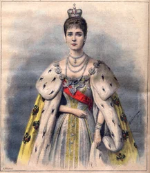 Alekszandra orosz cárné koronázási díszruhájában - Alekszandra Fjodorovna cárné a felszentelés öltözékében. Illusztráció a „Le Petit Journal“ számára, 1896. május 24.
