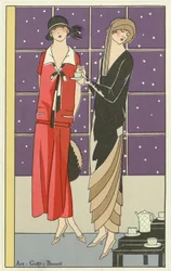 Két nő teázik és Jean Patou és Beer dizájnjaiba öltözve, az Art-Goût-Beauté pubból. 1924