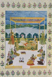 Az ég alatt zenével és virágokkal, illusztráció az Arab éjszakákból, 1895 (színes metszet)