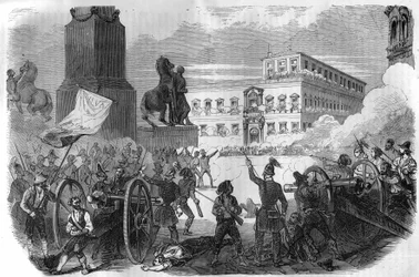 Felkelés Bolognában: a pápa kormányának megdöntése XVI. Gergely pápa 1831 és 1846 között. Vésett Maurice Lachatre „Histoire des Papes-Rois-Queen and Empereurs a travers les centuries” című könyvébe.