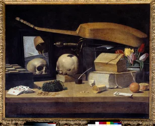 Vanitas csendélet (vanite) kártyapaklival, hangszerrel és koponyával. A francia iskola festménye. 17. század. Nap 0,72x0,9 m