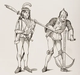 Varlet vagy Squire vastag pengéjű alabárdot cipelő íjász, aki számszeríjhúrt húz kétkezes csörlővel, egy 15. századi miniatűr után, Paul Lacroix Le Moyen Age et La Renaissance című művéből (