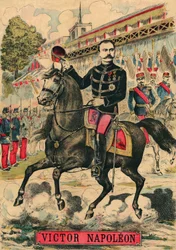 Victor Napóleon (1862-1926) a bonapartisták támogatóinak élén, I. Napóleon utolsó örököse a Harmadik Köztársaság 1886-ban elfogadott törvénye alapján száműzetésbe kényszerült. Metszet, a "Le Figaro, melléklet" című párizsi lapban, 1889. március 30-án. Coll