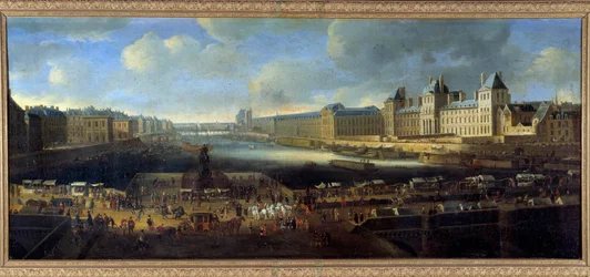 Párizs kilátása a Louvre-partról a Pont Neuf festményről a 17. századi francia iskola festményéről