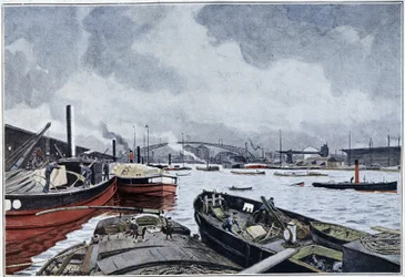 Kilátás Párizsra, a Szajnára és a Villette-medencére, Brun akvarellje. 1889.