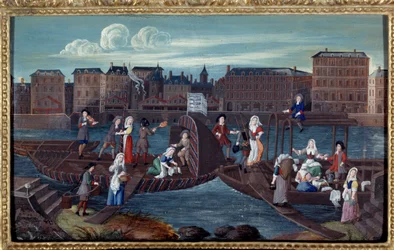 Kilátás egy halhajóra és meszelő csónakokra a párizsi Quai de la Megisserie-n A francia iskola névtelen festménye. 1670. Párizs, Musee Carnavalet