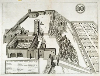 Kilátás a 948-ban alapított Saint Pierre de Montmajour (vagy Mont Majour) bencés apátságra, Arles, Franciaország (metszet)