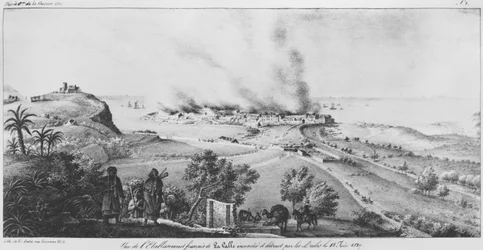 Az arabok által 1827. június 18-án felgyújtott és elpusztított La Calle-i francia létesítmény képe, illusztráció az Atlas de lapercu historique, statistique et topographique sur letat dAlgerből, egy lusage
