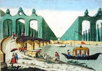 Kilátás Lord Hamilton kertjére a Temze folyó hídja felé London közelében (színes metszet)