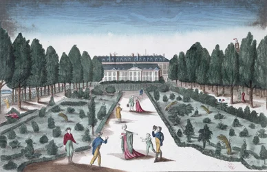 Kilátás a Jardin des Plantes-re, a Szajna melletti korlátról (színes gravírozás)