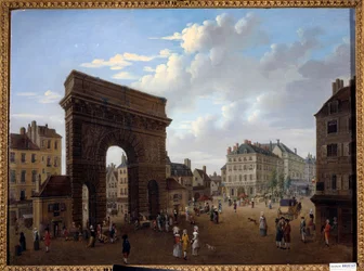 A párizsi Porte Saint Martin látképe A 18. századi francia iskola festménye. Magángyűjtemény