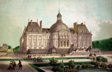 Kilátás a maincyi (Seine-et-Marne) Vaux le Vicomte (Vaux-le-Vicomte) kastélyára, 1658 körül épült. A 19. századi magángyűjtemény nyomatai